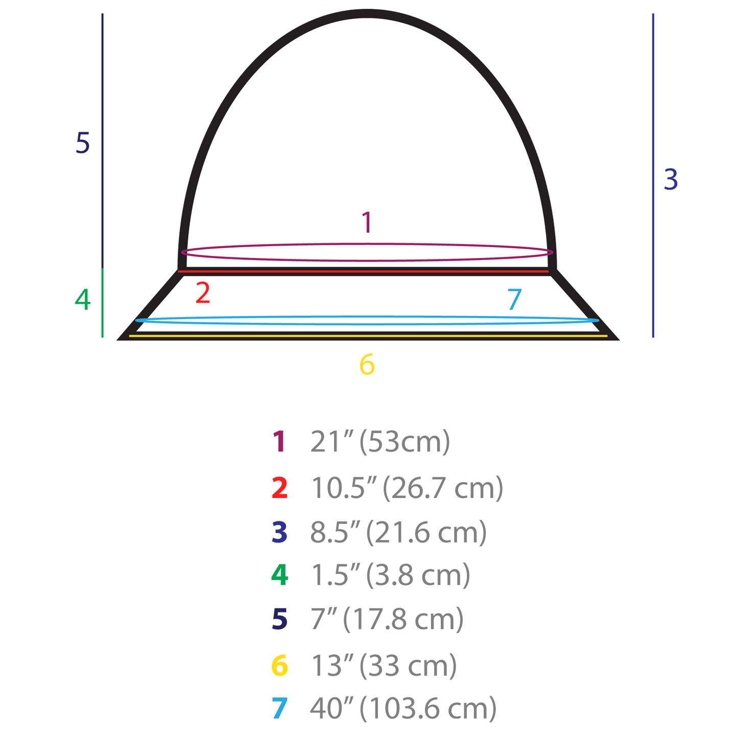 TRU47 Black Silver Cotton Double Knit Bucket Hat size chart showing measurements for crown width, depth, brim width, and height.