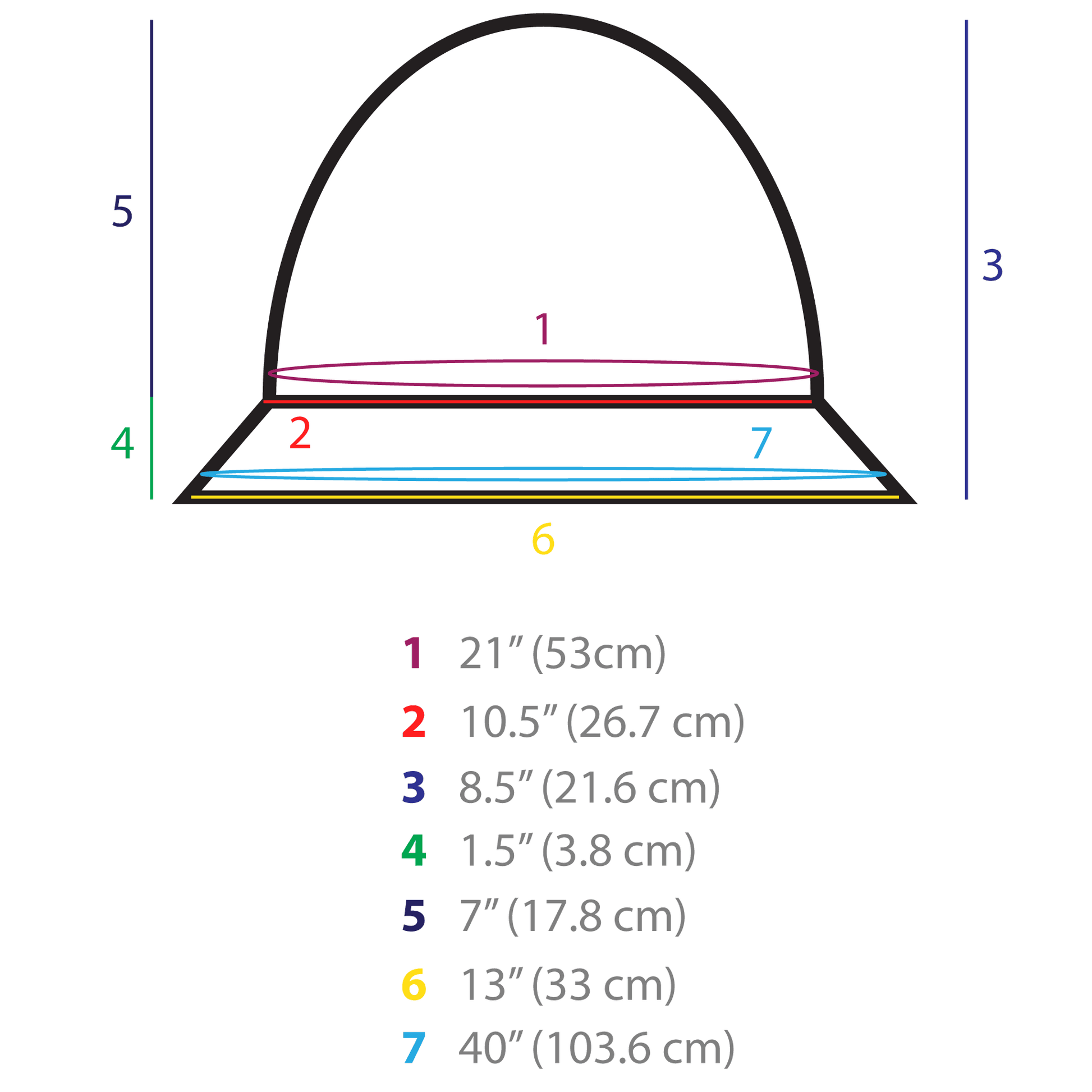TRU47 Black Silver Cotton Double Knit Bucket Hat size chart showing measurements for crown width, depth, brim width, and height.