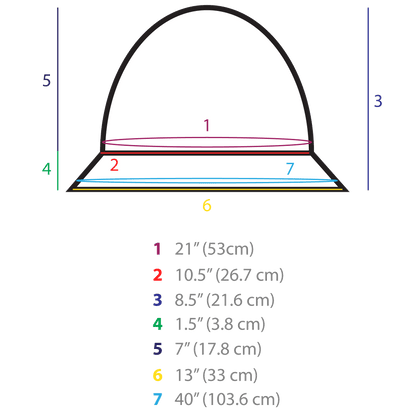 TRU47 Black Silver Cotton Double Knit Bucket Hat size chart showing measurements for crown width, depth, brim width, and height.