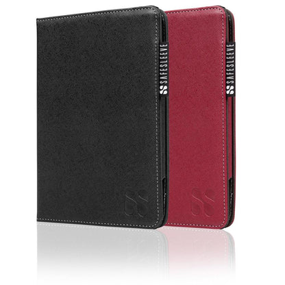 Two SafeSleeve Cases for iPad displayed side by side in black and burgundy red with white stitching and brand logo detail.