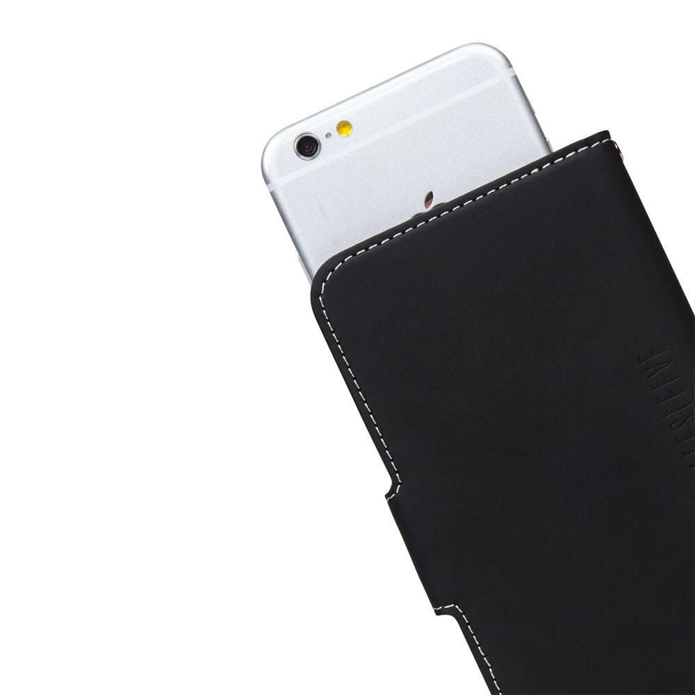 Silver iPhone partially inserted into black SafeSleeve Universal Cell Phone Case with white stitching detail, angled view.