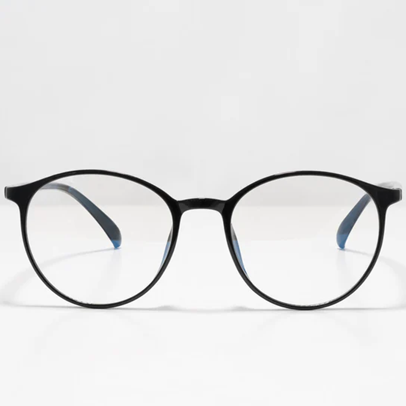 Ocushield Clear All-Day Blue Light Glasses in black with round frames and blue-tinted temples, front view on white background.