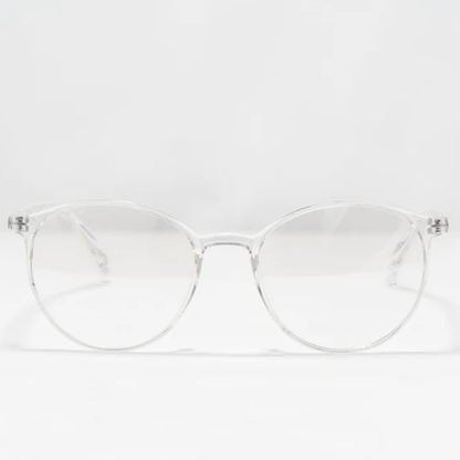 Clear Ocushield All-Day Blue Light Glasses displayed front view against white background, showing transparent frames and lenses.
