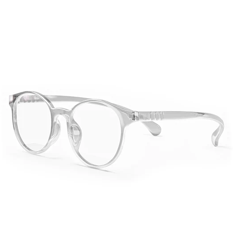 Ocushield Children's Blue Light Glasses in clear transparent frame, displayed in side profile view showing rounded lens shape and flexible arms.