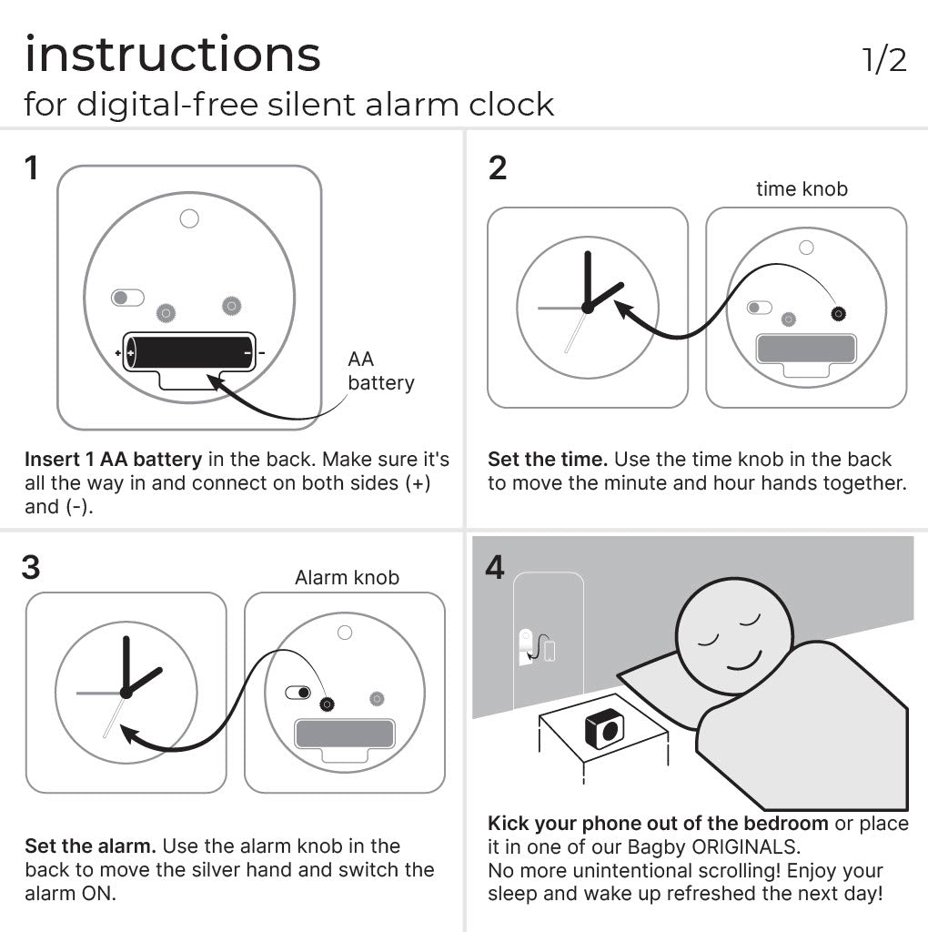 Bagby EMF-Free Classic Silent Analog Alarm Clock instruction manual page 1 of 2, showing battery insertion, time setting, alarm setup, and bedroom usage guidelines.