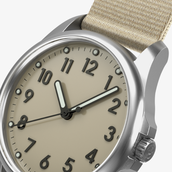Mudita Radiant Sand Beige automatic field watch - dial closeup