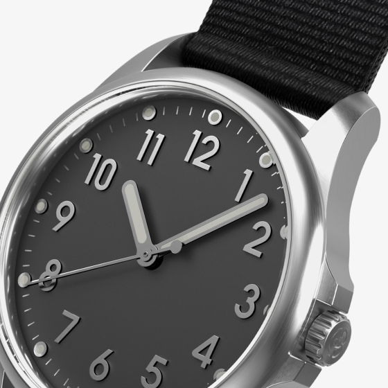 Mudita Radiant Charcoal Black automatic field watch - dial closeup