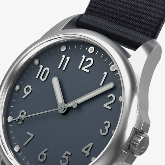 Mudita Radiant Baltic Blue automatic field watch - dial closeup