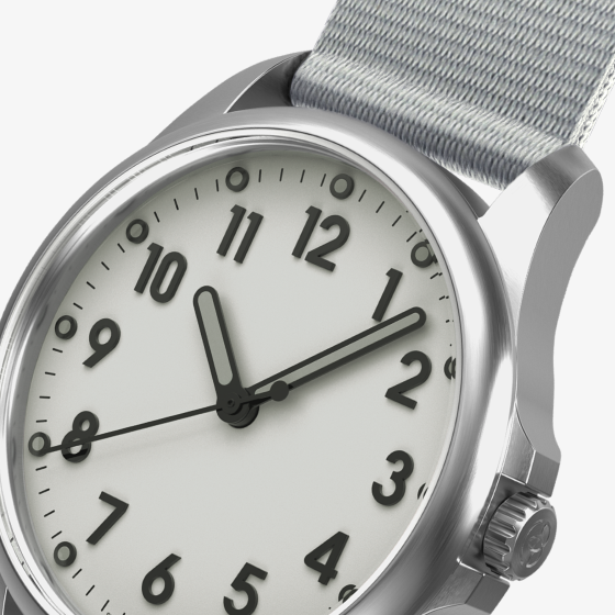 Mudita Radiant Pebble Gray automatic field watch - dial closeup