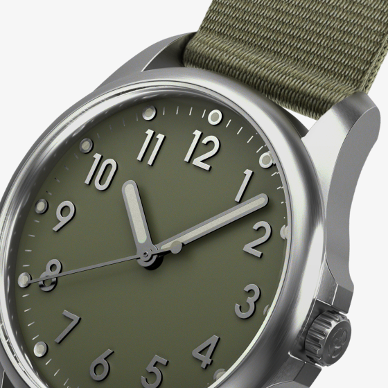 Mudita Radiant Moss Green automatic field watch - dial closeup
