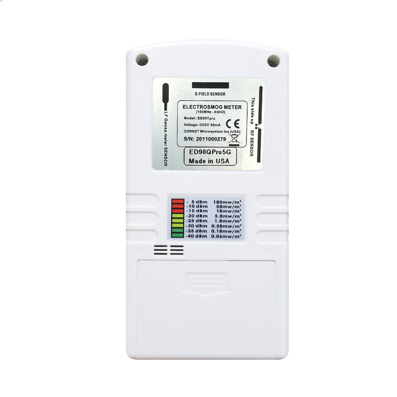 Cornet ED98QPro5G meter back panel showing E-field sensor specifications, frequency range, serial number, and color-coded dBm to power density reference chart.
