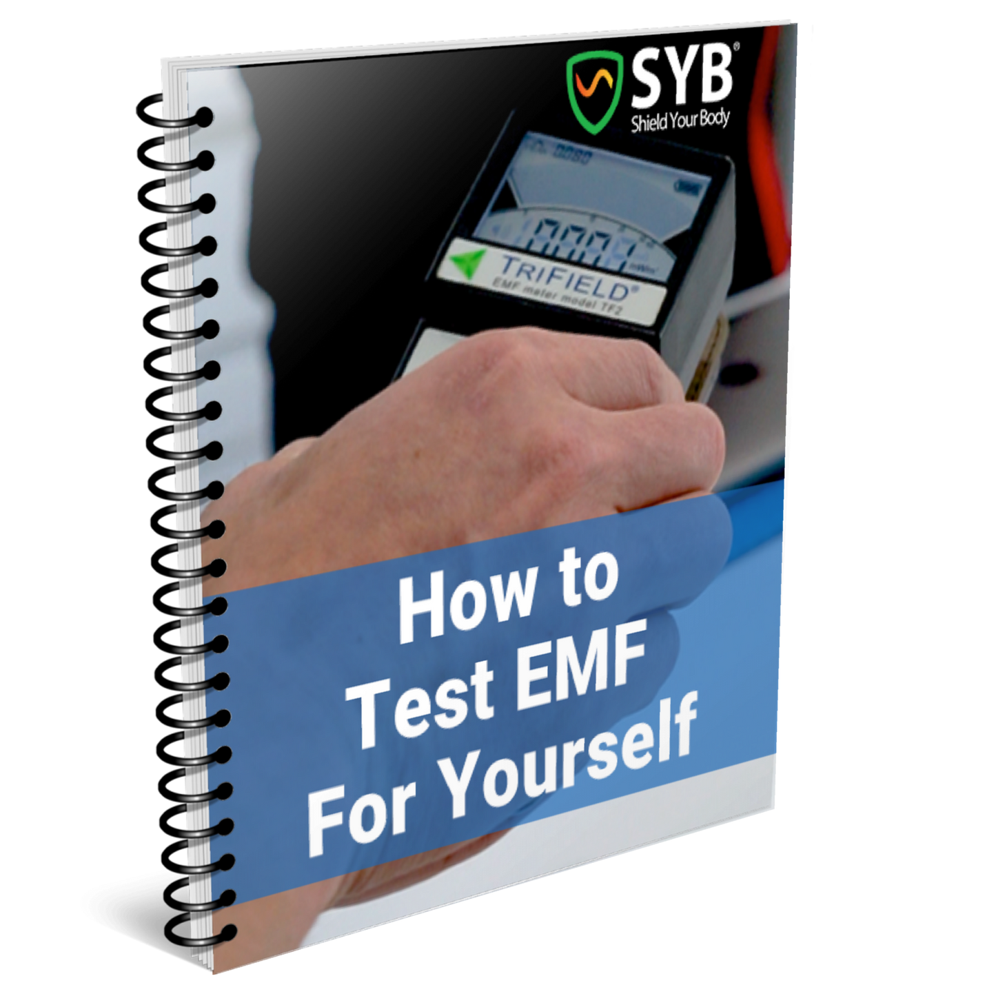 SYB 'How to Test EMF For Yourself' spiral-bound ebook with hand holding EMF meter displaying readings.
