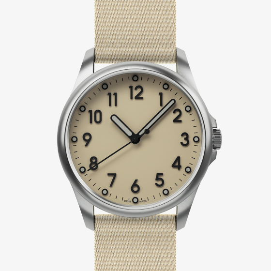 Mudita Radiant Sand Beige automatic field watch - front view