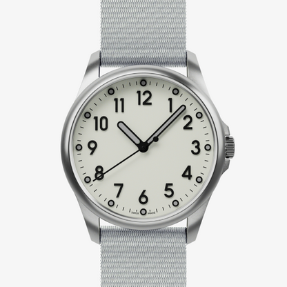 Mudita Radiant Pebble Gray automatic field watch - front view