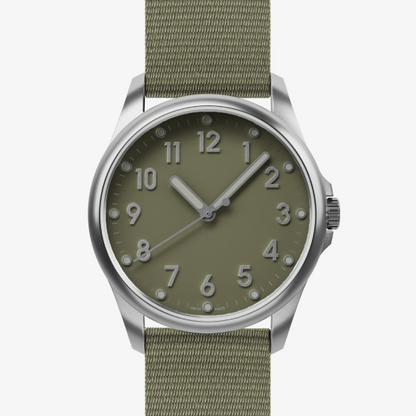 Mudita Radiant Moss Green automatic field watch - front view
