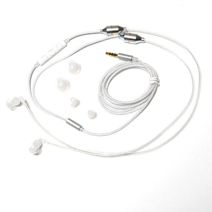 SYB Wrap-Around Air Tube Headphone Headset with white cables, earpieces, and multiple ear tip sizes displayed on white background.