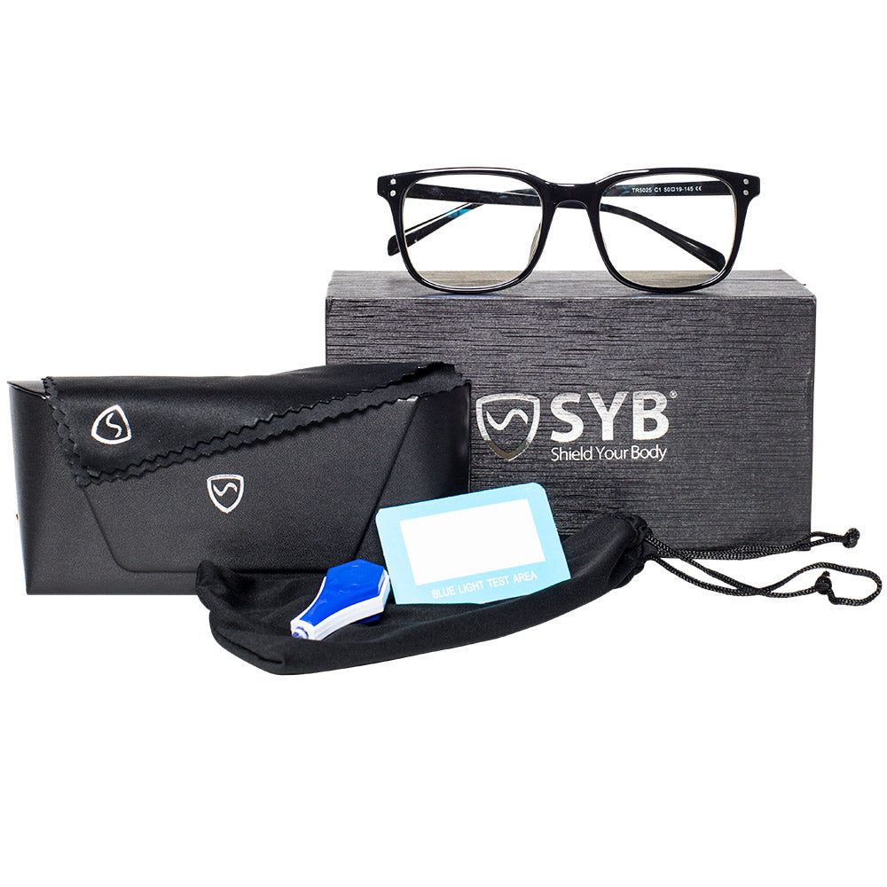 SYB Laptop Pad & Glasses Bundle display showing black eyeglasses, protective case, blue light test card, and gray branded box.