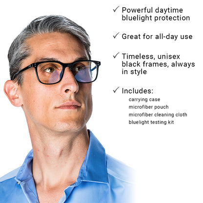 Man wearing black-framed blue light blocking glasses with product features listed: daytime protection, all-day use, unisex style, includes carrying case and cleaning cloth.