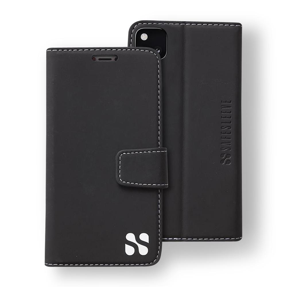 SafeSleeve Case for Google Pixel shown open and closed, displaying black leather exterior with white stitching and logo detail on both front and back.