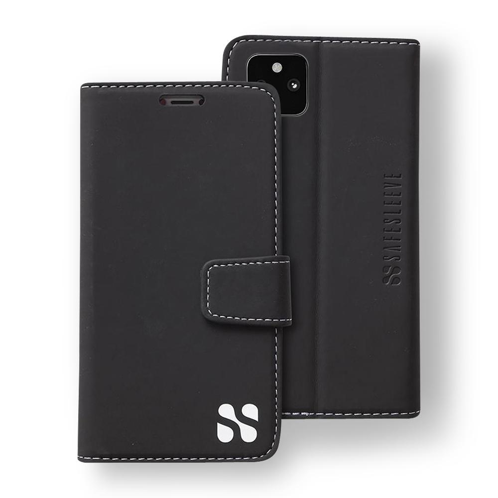 Black SafeSleeve Case for Google Pixel displayed open and closed, showing white stitching and brand logo on front and back.