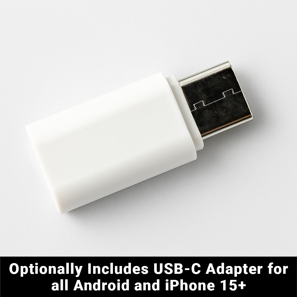 SYB H.A.R.D. headset adapter shown with white protective case and black USB-C connector exposed on light background.