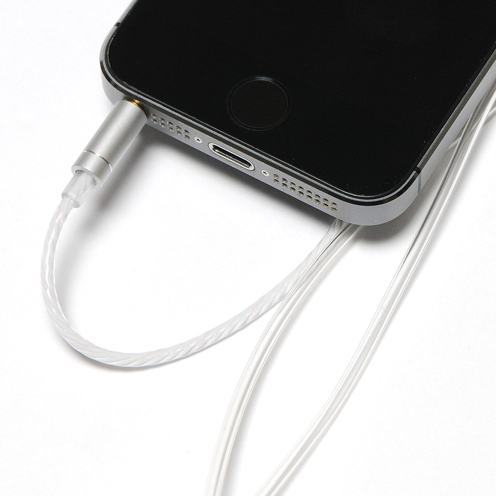 Silver iPhone connected to white SYB Wrap-Around Air Tube Headphone cable against white background.