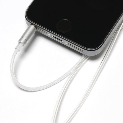 Silver iPhone connected to white SYB Wrap-Around Air Tube Headphone cable against white background.