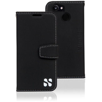 Black SafeSleeve Case for Google Pixel with white stitching detail, shown open and closed from front and back views.