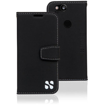 SafeSleeve Case for Google Pixel in black with white stitching, shown open and closed views displaying wallet slot and camera cutout.