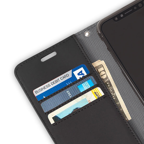 SafeSleeve iPhone case opened to show interior card slots holding business debit cards and cash.