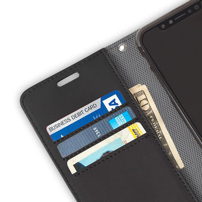 SafeSleeve iPhone case opened to show interior card slots holding business debit cards and cash.