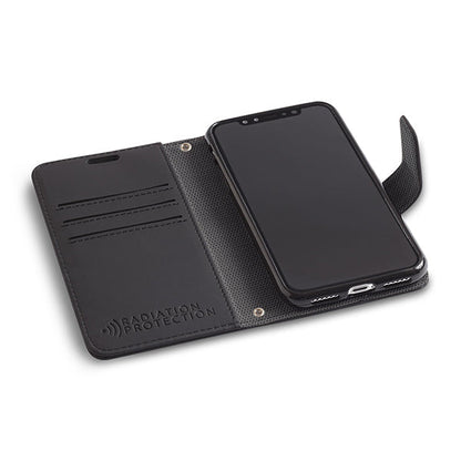 SafeSleeve Case for iPhone displayed open, showing interior card slots on left and phone secured on right side.