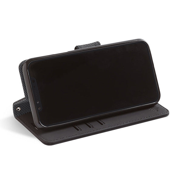 SafeSleeve Case for iPhone displayed in open stand position with blank screen, showing black textured exterior and kickstand functionality.