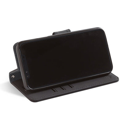 SafeSleeve Case for iPhone displayed in open stand position with blank screen, showing black textured exterior and kickstand functionality.