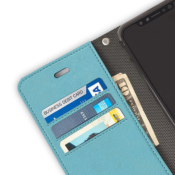 SafeSleeve iPhone case in light blue with card slots open, displaying business debit card, credit cards, and cash compartments.