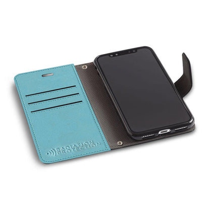 SafeSleeve Case for iPhone displayed open, showing turquoise exterior with card slots and gray interior lining with black phone positioned on right side.