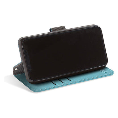 SafeSleeve Case for iPhone displayed in turquoise wallet stand showing card slots and phone propped upright.