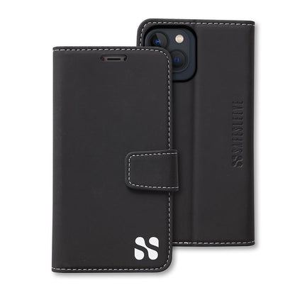 SafeSleeve Case for iPhone in black leather with white stitching, shown open and closed views displaying wallet slots and camera cutout.