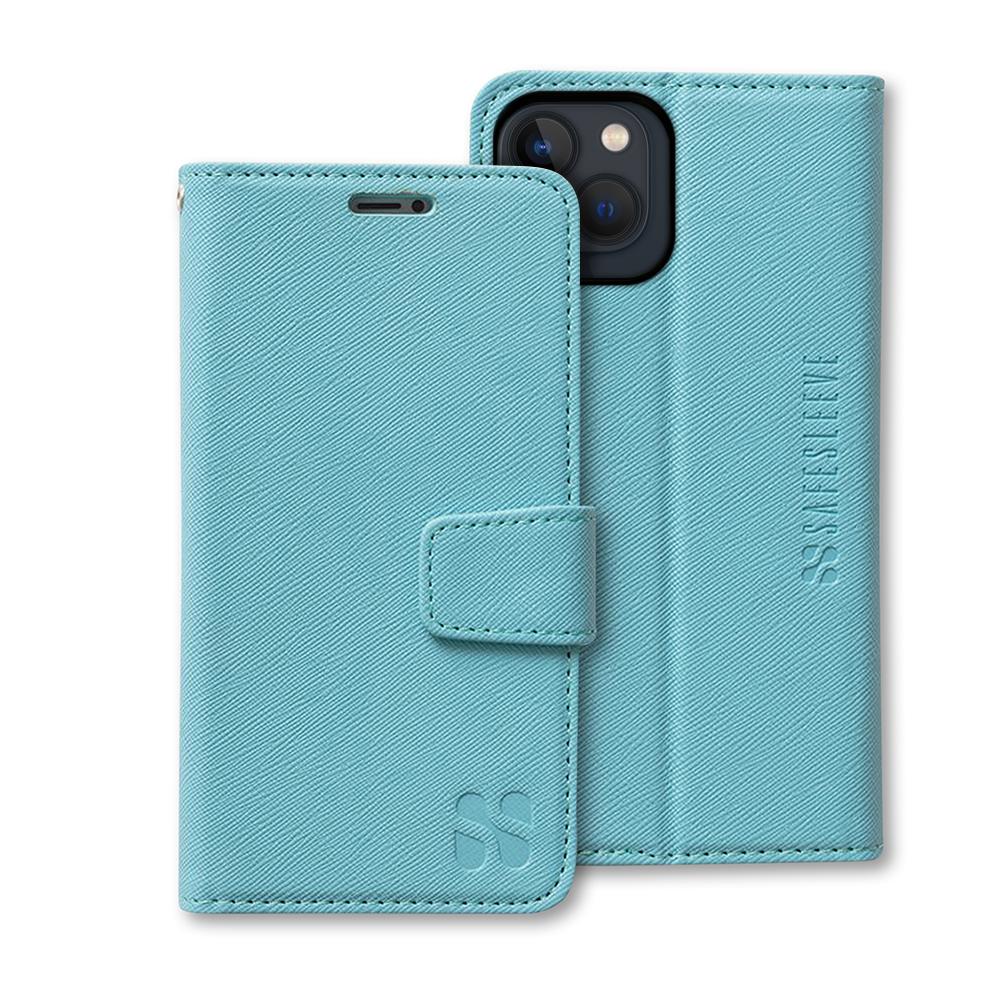 Turquoise SafeSleeve Case for iPhone shown open and closed, displaying the wallet-style design with magnetic closure and camera cutout.