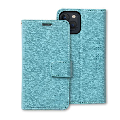 Turquoise SafeSleeve Case for iPhone shown open and closed, displaying the wallet-style design with magnetic closure and camera cutout.