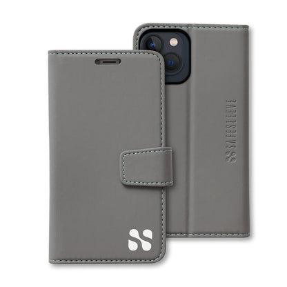 Gray SafeSleeve iPhone case shown open and closed, displaying front cover with magnetic closure and back panel with embossed branding.