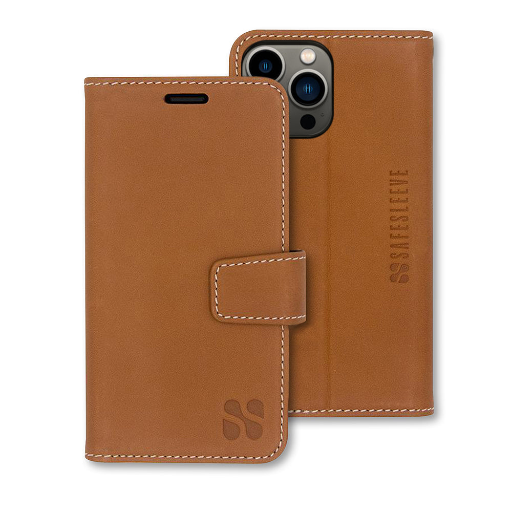 SafeSleeve Case for iPhone in tan leather with white stitching, shown open and closed views displaying wallet slot and camera cutout.