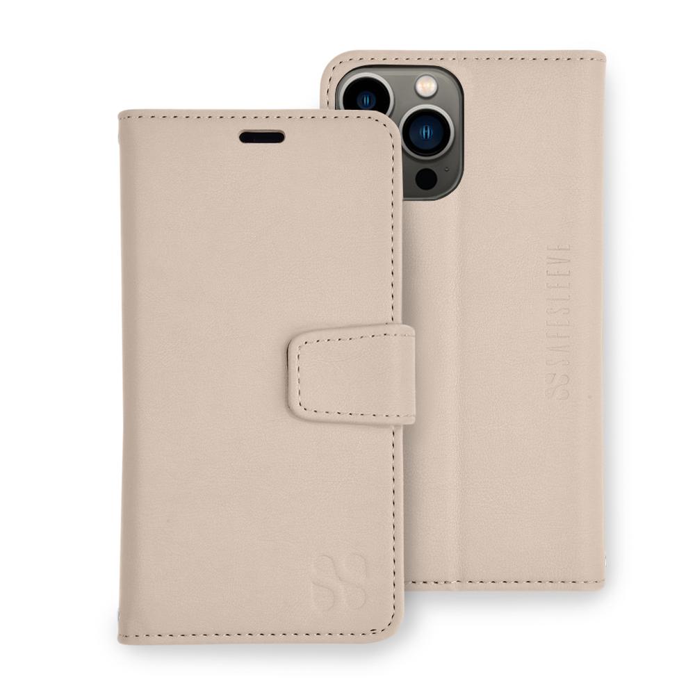 SafeSleeve Case for iPhone in beige leather with wallet flap, front and back view showing card slot and camera cutout.