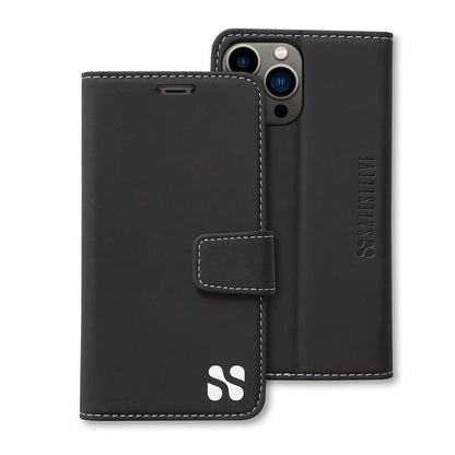 SafeSleeve black leather wallet case for iPhone 11 Pro Max, front and back view with white stitching and logo.