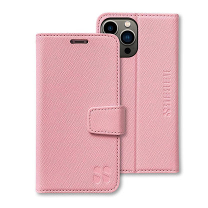 Pink SafeSleeve Case for iPhone displayed open and closed, showing textured fabric exterior with magnetic closure and camera cutout.