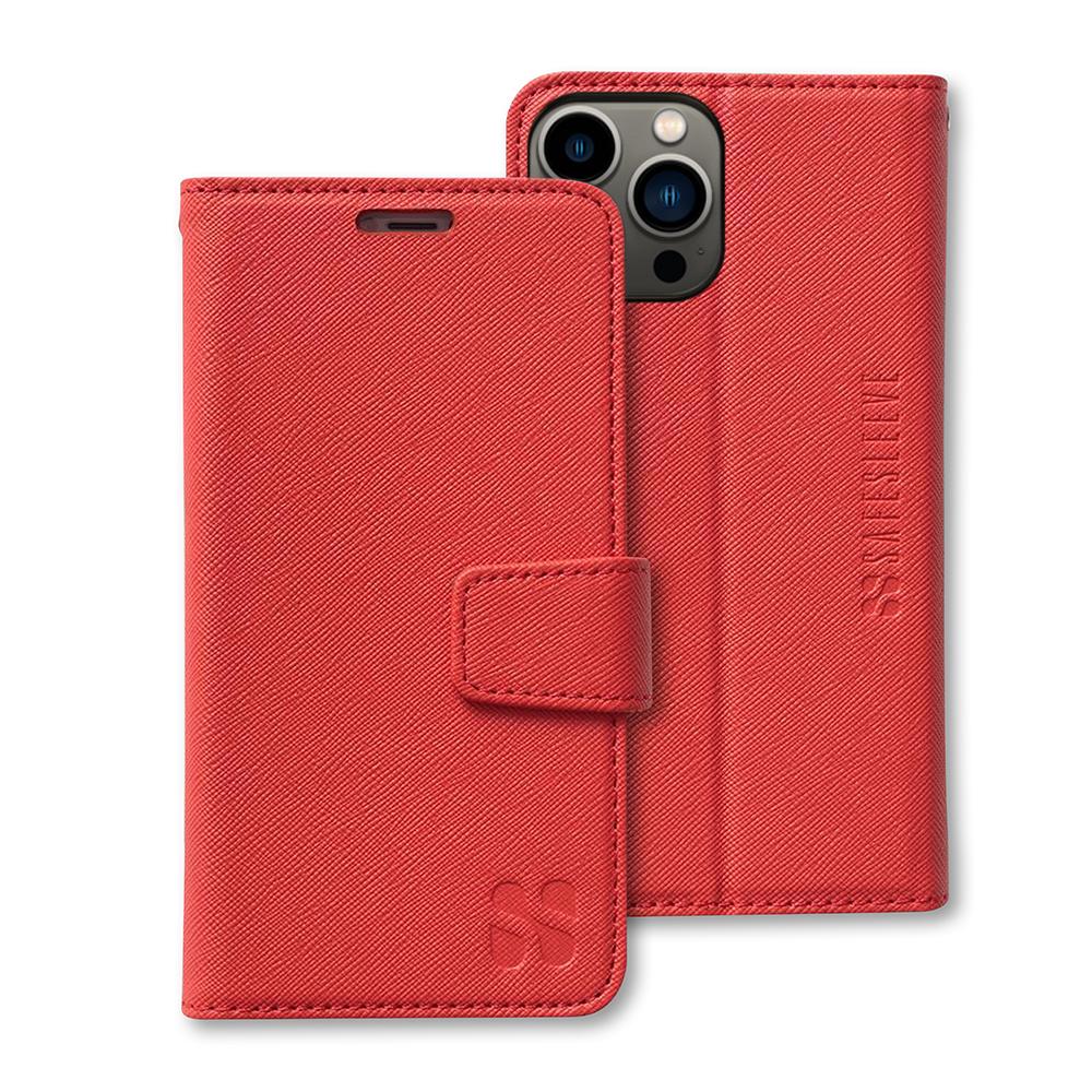 Red SafeSleeve Case for iPhone displayed open and closed, showing front cover with magnetic closure and textured fabric design.