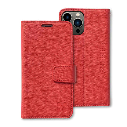 Red SafeSleeve Case for iPhone displayed open and closed, showing front cover with magnetic closure and textured fabric design.