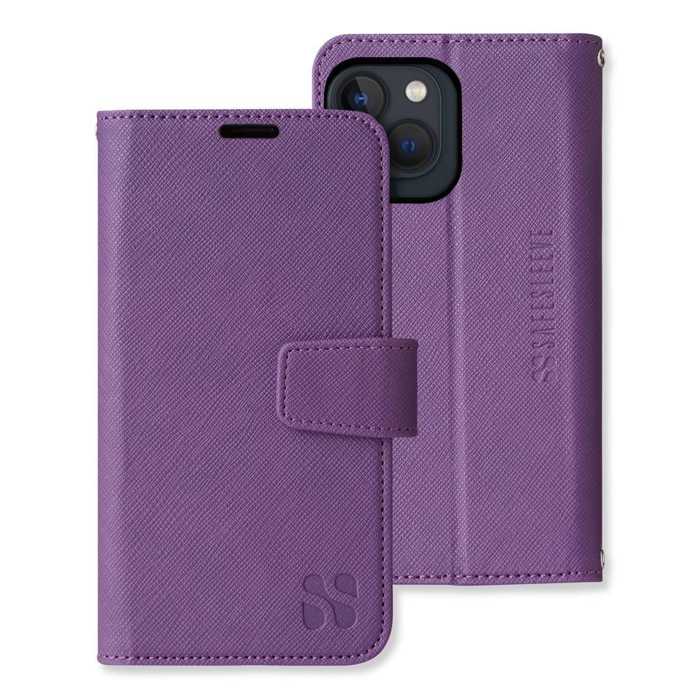 Purple SafeSleeve Case for iPhone shown open and closed, displaying front cover with magnetic closure and camera cutout on back.