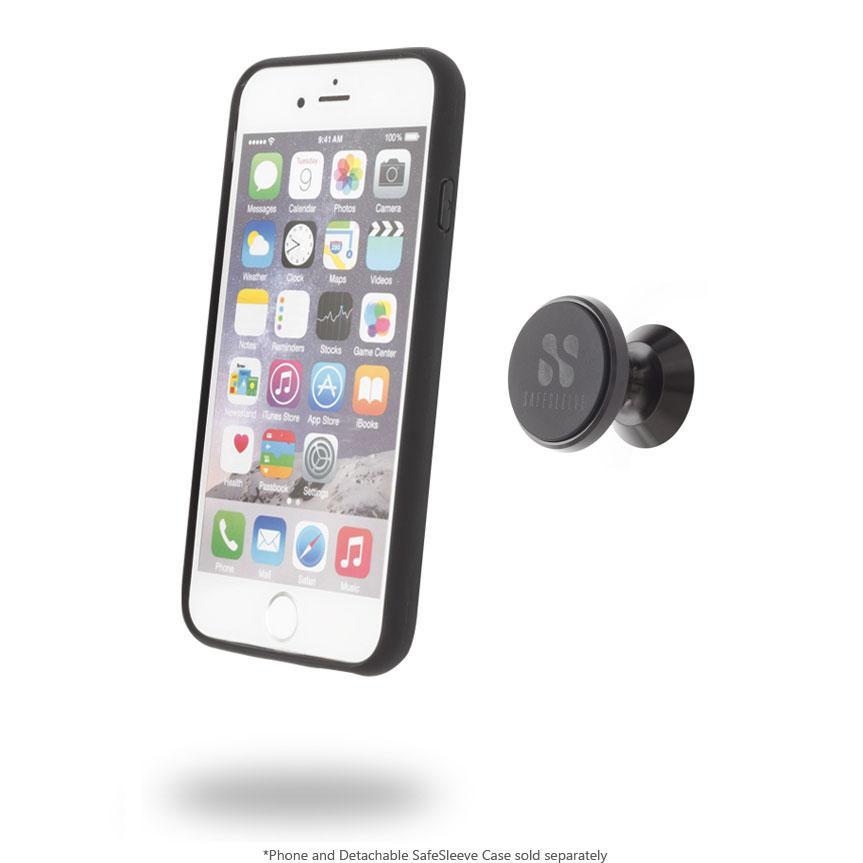 SafeSleeve Car Mount shown attached to iPhone with magnetic circular mount head and black case.