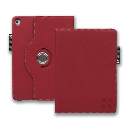Red SafeSleeve Case for iPad displayed open showing rotating stand with metal grommet and stitched details.